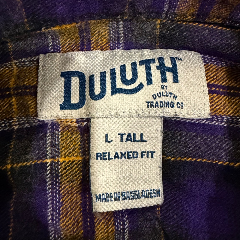Duluth Trading Men L Tall Relaxed Fit Flannel Shirt Purple Yellow Plaid Cotton - Picture 4 of 7